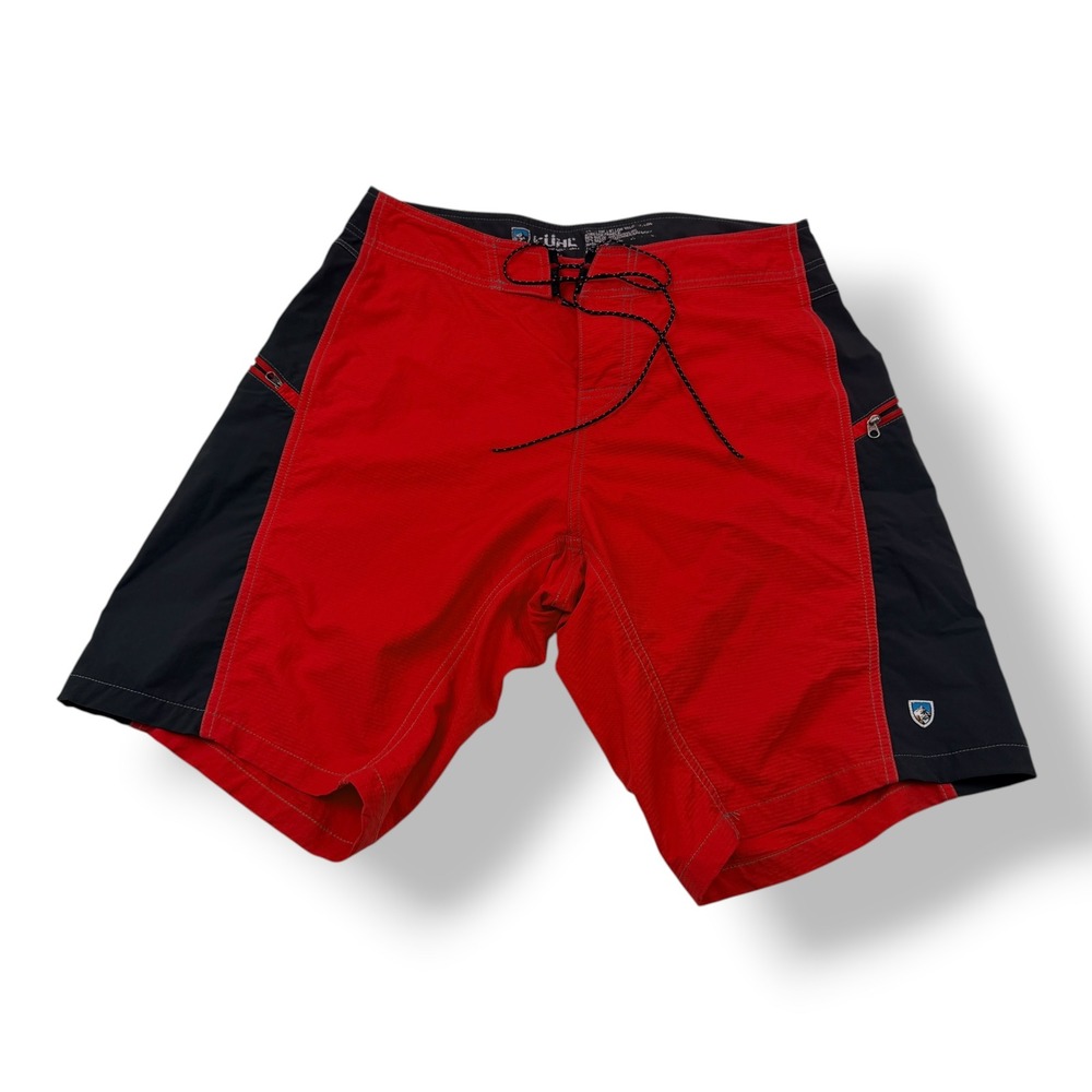 Kuhl Mens 32 Board Shorts Red Black Drawstring Outdoor Swim Trunks RN 108846